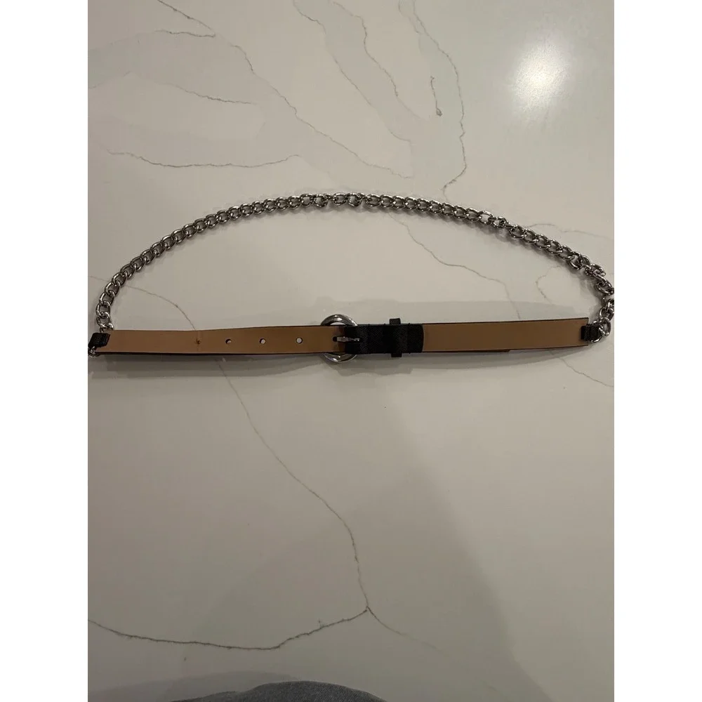 Michael Kors Black Saffiano Leather Silver Chain Skinny Belt Round Buckle‎ Sz L